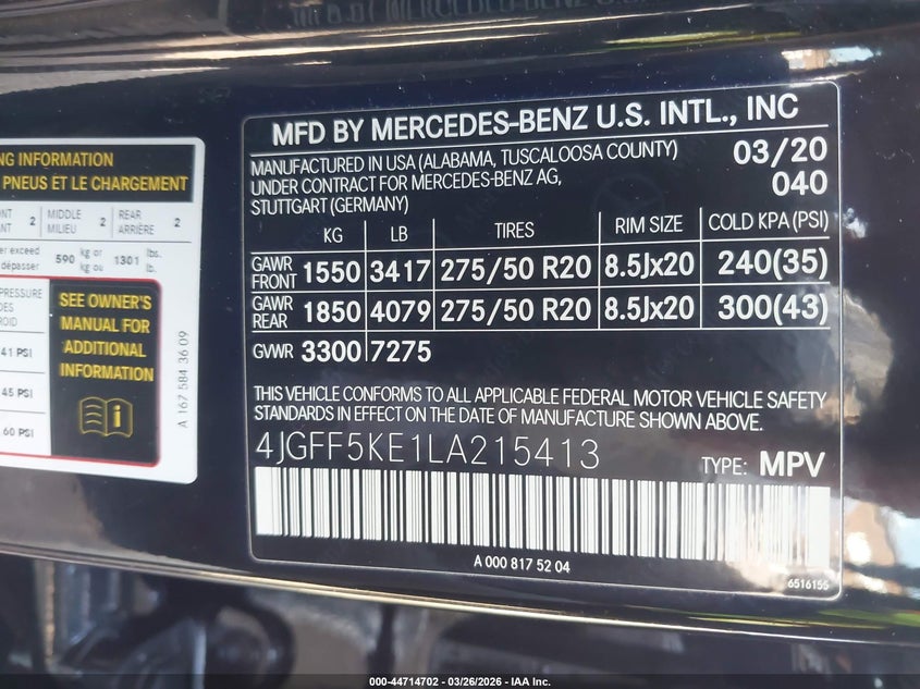 2020 Mercedes-Benz Gls 450 4Matic VIN: 4JGFF5KE1LA215413 Lot: 44714702