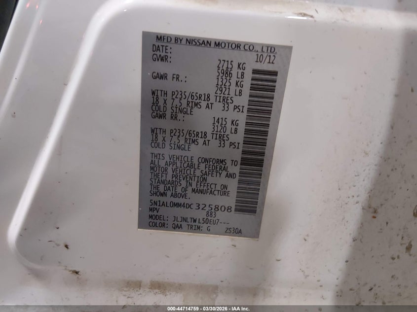 2013 Infiniti Jx35 VIN: 5N1AL0MM4DC325808 Lot: 44714759