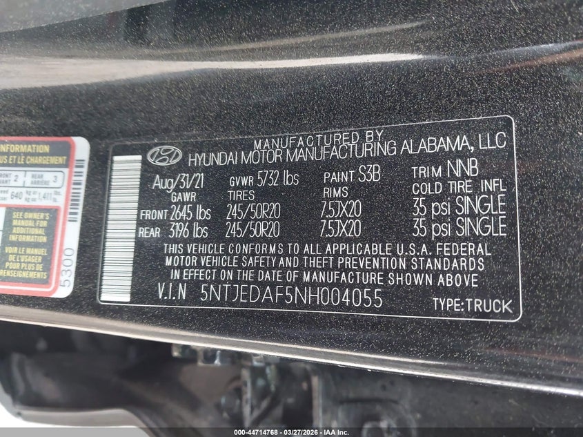 2022 Hyundai Santa Cruz Limited VIN: 5NTJEDAF5NH004055 Lot: 44714768