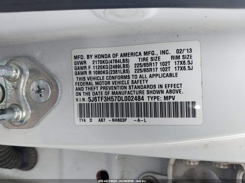 2013 Honda Crosstour Ex-L VIN: 5J6TF3H57DL002484 Lot: 44715024