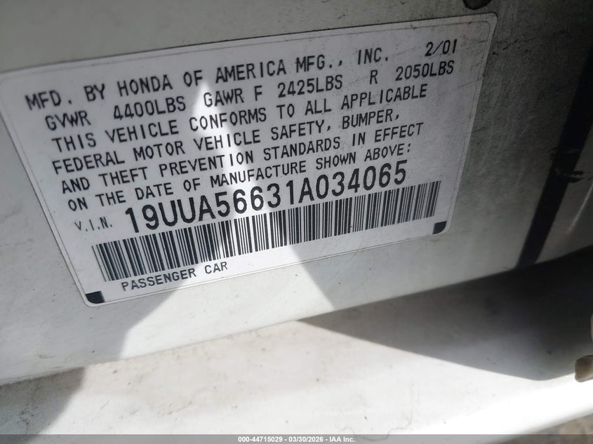 2001 Acura Tl 3.2 VIN: 19UUA56631A034065 Lot: 44715029