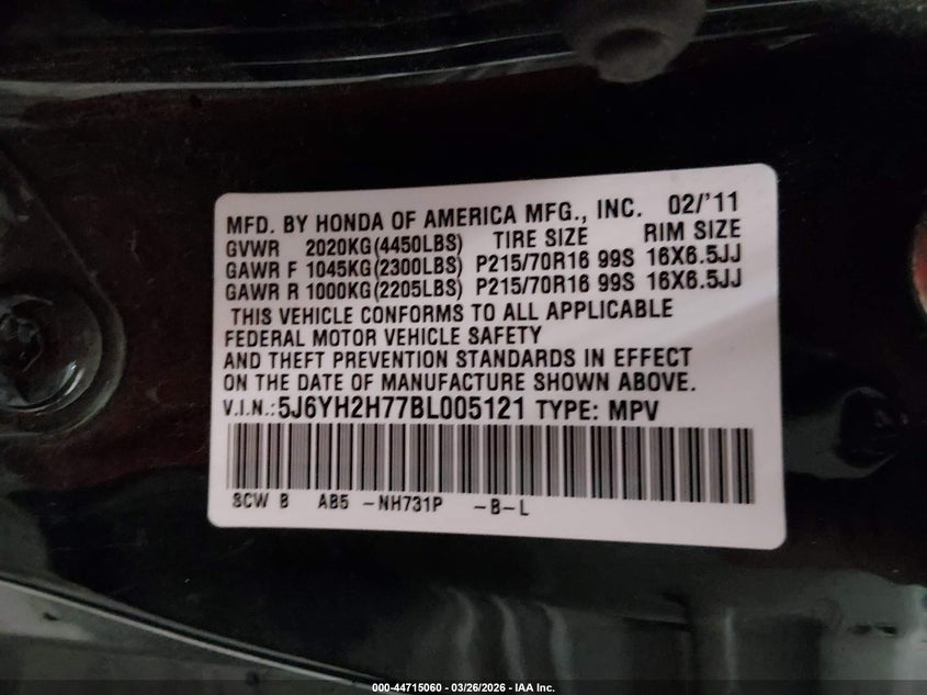 2011 Honda Element Ex VIN: 5J6YH2H77BL005121 Lot: 44715060