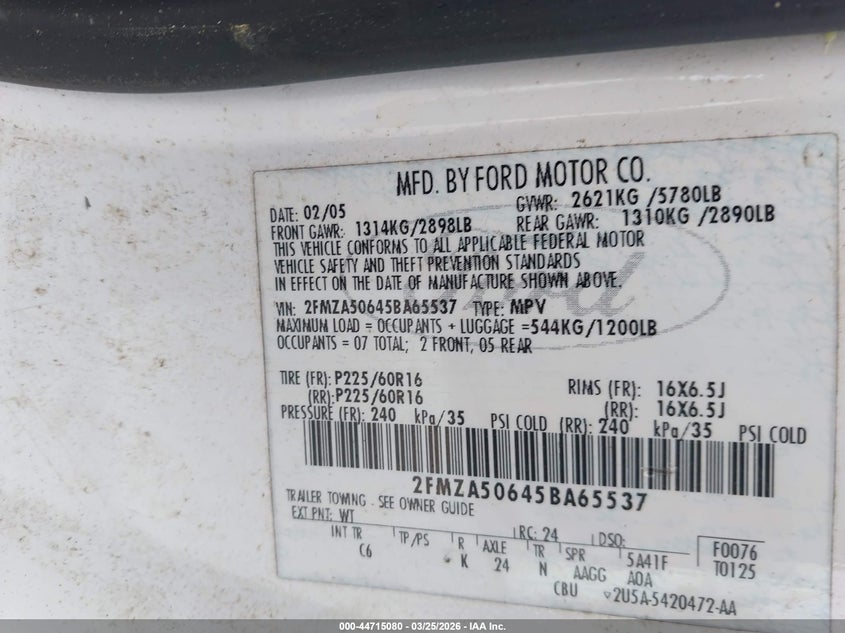2005 Ford Freestar S VIN: 2FMZA50645BA65537 Lot: 44715080