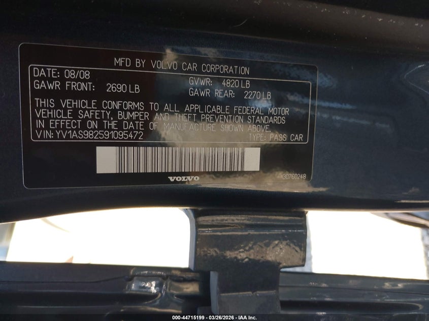 2009 Volvo S80 3.2 VIN: YV1AS982591095472 Lot: 44715199