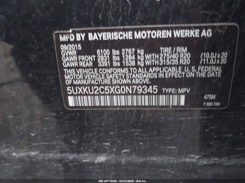 2016 BMW X6 xDrive35I VIN: 5UXKU2C5XG0N79345 Lot: 44715250