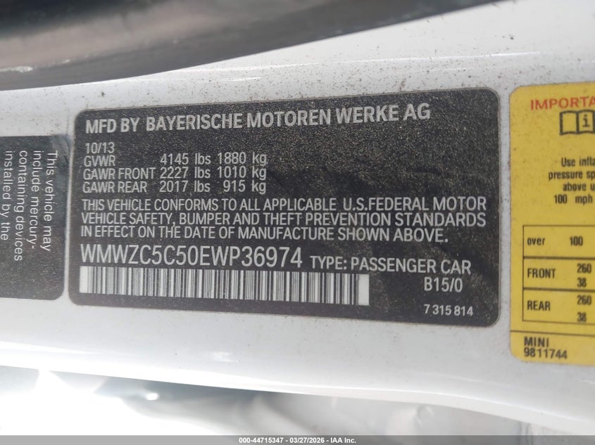 2014 Mini Countryman Cooper S VIN: WMWZC5C50EWP36974 Lot: 44715347