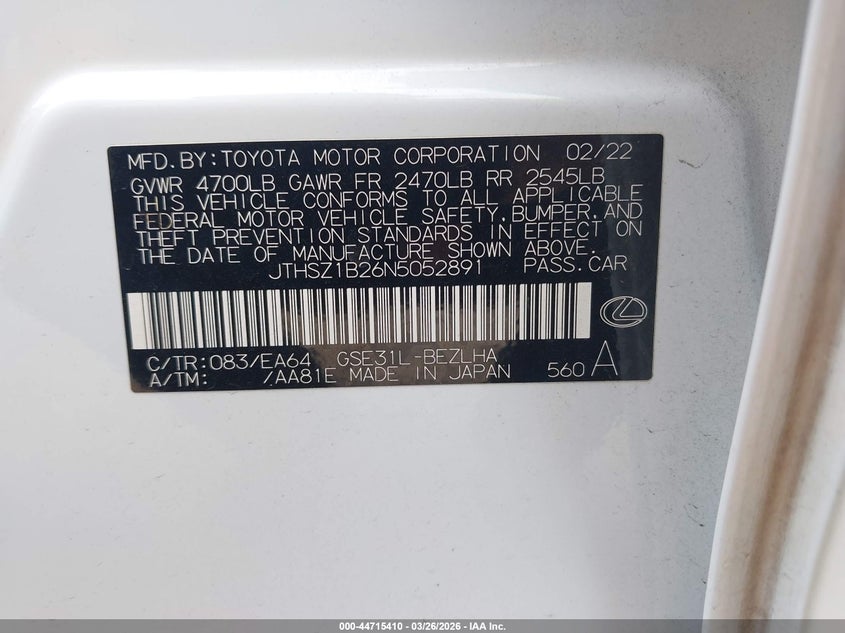 2022 Lexus Is 350 F Sport VIN: JTHSZ1B26N5052891 Lot: 44715410