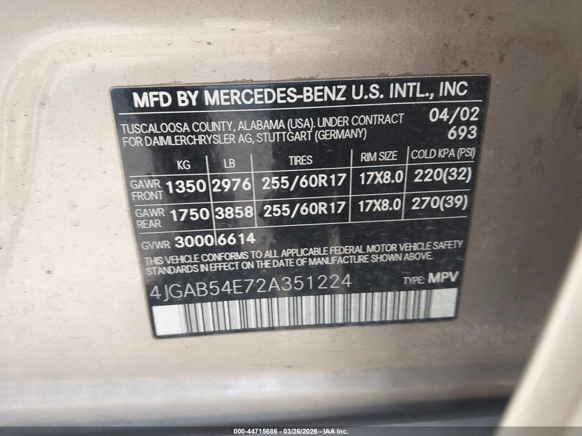 2002 Mercedes-Benz Ml 320 VIN: 4JGAB54E72A351224 Lot: 44715686