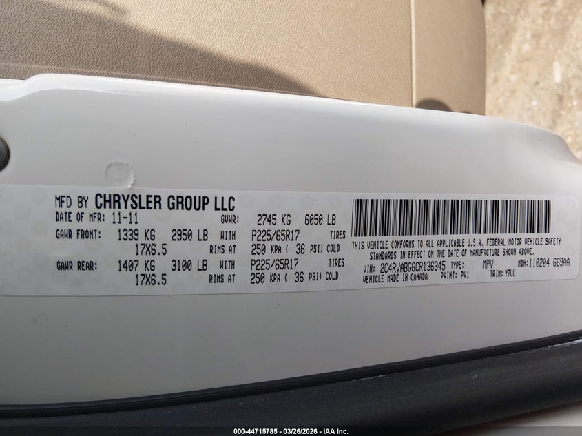 2012 Volkswagen Routan Se VIN: 2C4RVABG6CR136345 Lot: 44715785