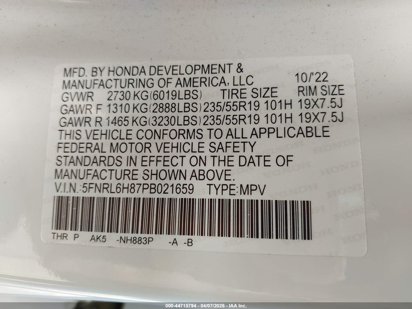 VIN 5FNRL6H87PB021659 2023 HONDA ODYSSEY TOURING