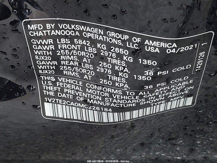 2021 Volkswagen Atlas Cross Sport 3.6L V6 Sel Premium VIN: 1V2TE2CA0MC226184 Lot: 44715916