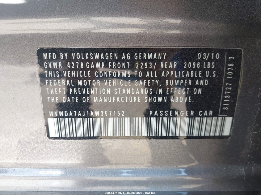 2010 Volkswagen Golf 4-Door VIN: WVWDA7AJ1AW357152 Lot: 44715974