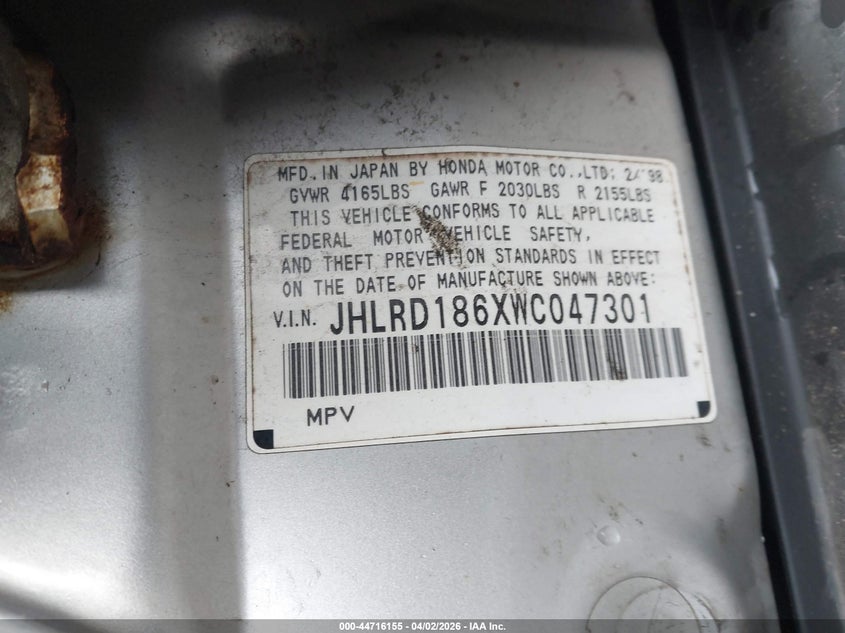 1998 Honda Cr-V Ex VIN: JHLRD186XWC047301 Lot: 44716155