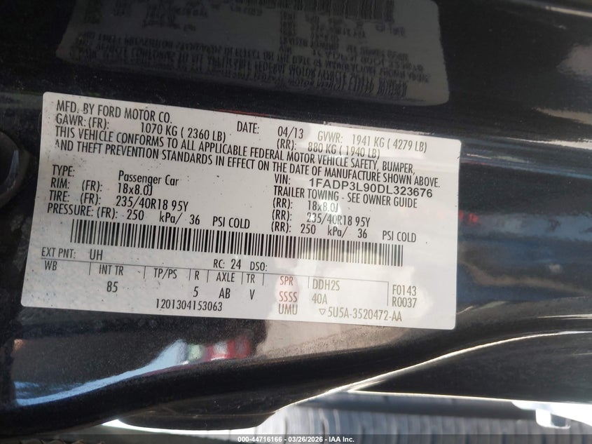 2013 Ford Focus St VIN: 1FADP3L90DL323676 Lot: 44716166