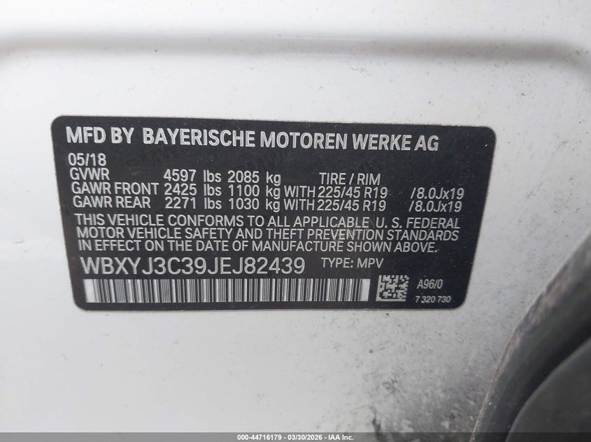 2018 BMW X2 Sdrive28I VIN: WBXYJ3C39JEJ82439 Lot: 44716179