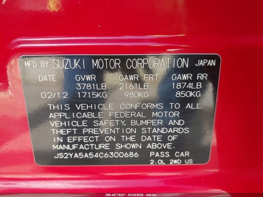 2012 Suzuki Sx4 Technology (Nav) VIN: JS2YA5A54C6300686 Lot: 44716327