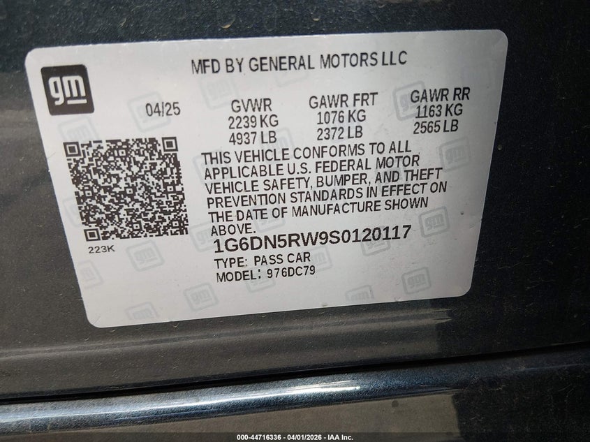 2025 Cadillac Ct5 Premium Luxury Rwd VIN: 1G6DN5RW9S0120117 Lot: 44716336