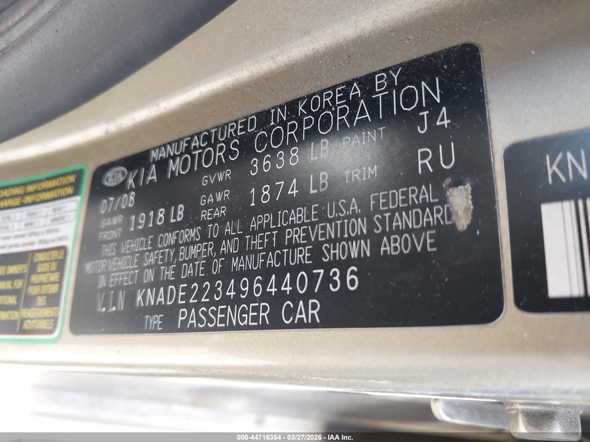 2009 Kia Rio Lx VIN: KNADE223496440736 Lot: 44716354