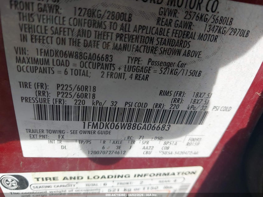 2008 Ford Taurus X Limited VIN: 1FMDK06W88GA06683 Lot: 44716360