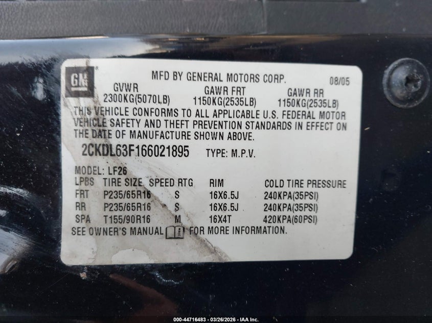 2006 Pontiac Torrent VIN: 2CKDL63F166021895 Lot: 44716483