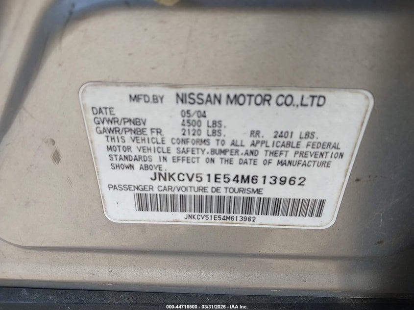 2004 Infiniti G35 VIN: JNKCV51E54M613962 Lot: 44716500