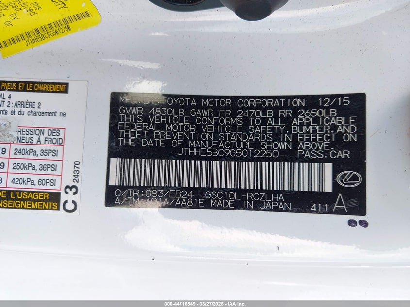 2016 Lexus Rc 350 VIN: JTHHE5BC9G5012250 Lot: 44716549