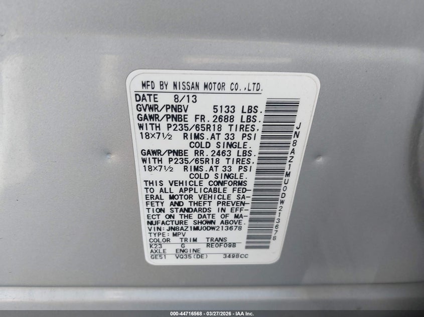 2013 Nissan Murano Sl VIN: JN8AZ1MU0DW213678 Lot: 44716568