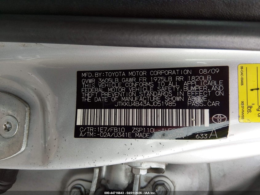 2010 Scion Xd VIN: JTKKU4B43AJ051985 Lot: 44716643