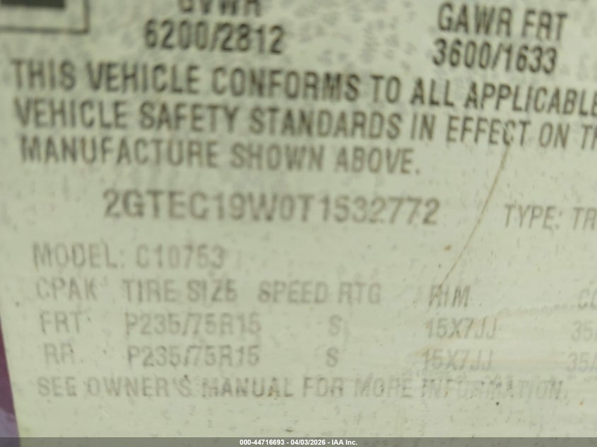 1996 GMC Sierra C1500 VIN: 2GTEC19W0T1532772 Lot: 44716693