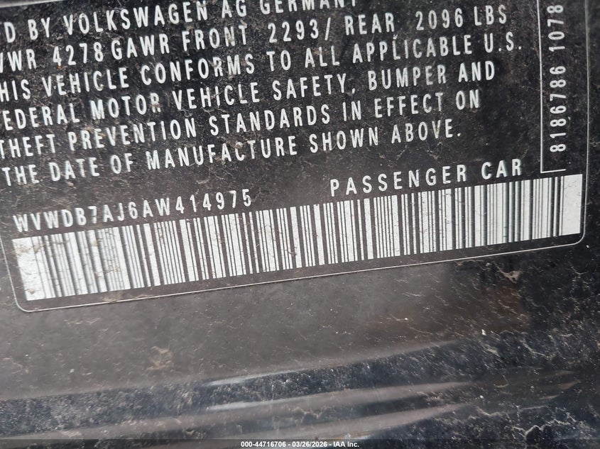 2010 Volkswagen Golf 4-Door VIN: WVWDB7AJ6AW414975 Lot: 44716706