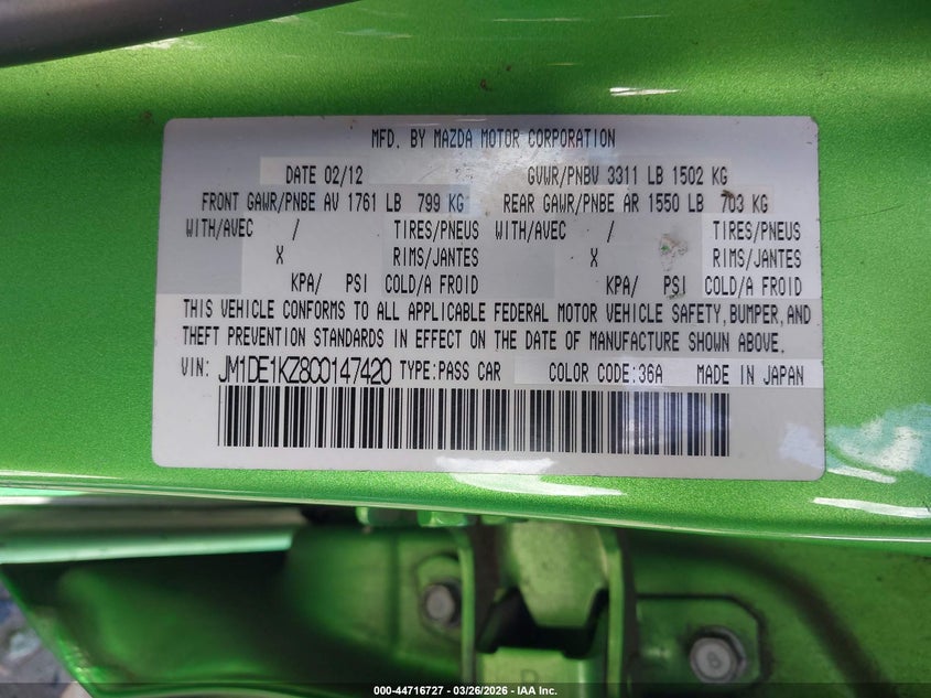 2012 Mazda Mazda2 Sport VIN: JM1DE1KZ8C0147420 Lot: 44716727