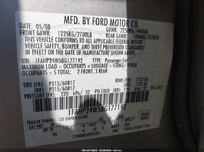 2008 Ford Taurus Sel VIN: 1FAHP24W58G177192 Lot: 44716826