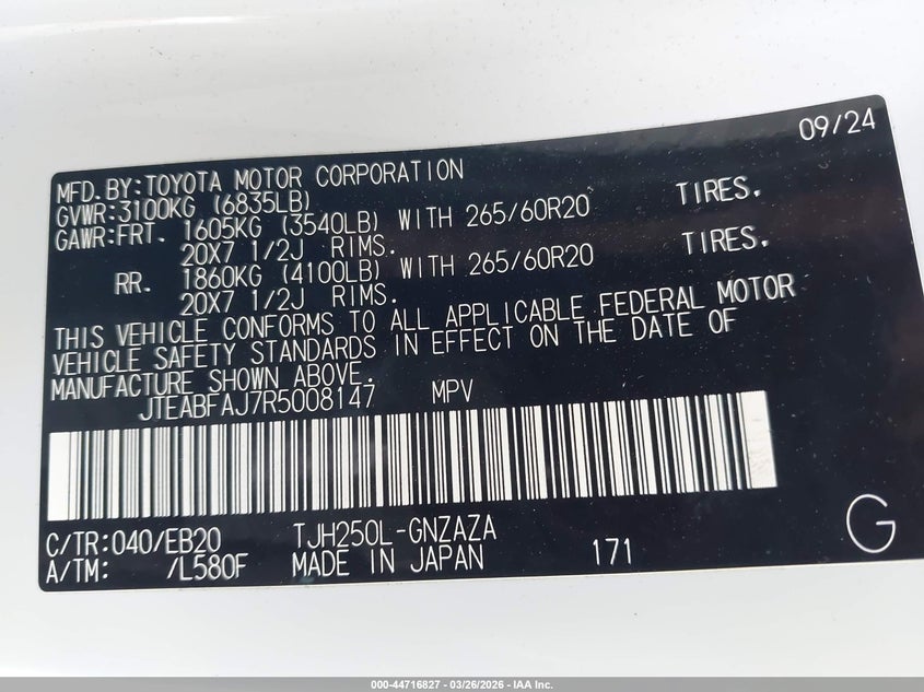 2024 Toyota Land Cruiser VIN: JTEABFAJ7R5008147 Lot: 44716827