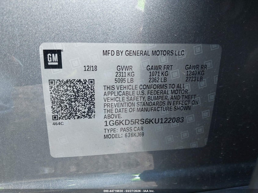 2019 Cadillac Ct6 Premium Luxury VIN: 1G6KD5RS6KU122083 Lot: 44716830