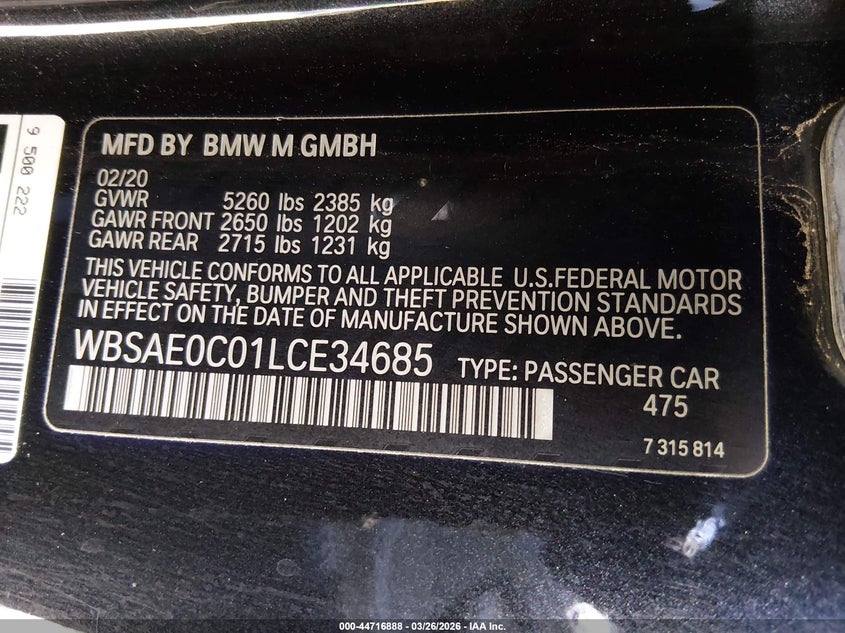 2020 BMW M8 Competition VIN: WBSAE0C01LCE34685 Lot: 44716888