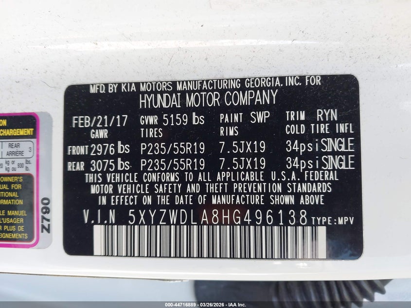 VIN 5XYZWDLA8HG496138 2017 HYUNDAI SANTA FE SPORT 2.0T ULTIMATE