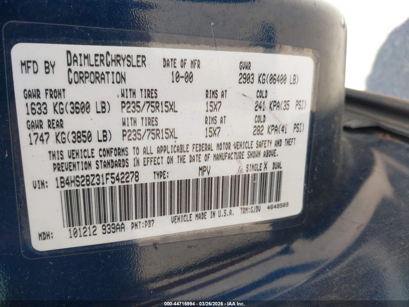 2001 Dodge Durango Slt VIN: 1B4HS28Z31F542278 Lot: 44716994