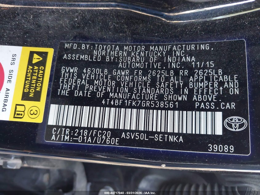 2016 Toyota Camry Le VIN: 4T4BF1FK7GR538561 Lot: 44717040