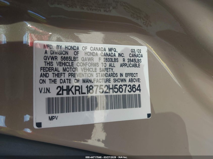 2002 Honda Odyssey Ex-L VIN: 2HKRL18752H567364 Lot: 44717046