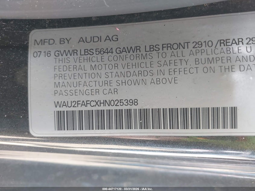 2017 Audi S7 4.0T Premium Plus VIN: WAU2FAFCXHN025398 Lot: 44717120