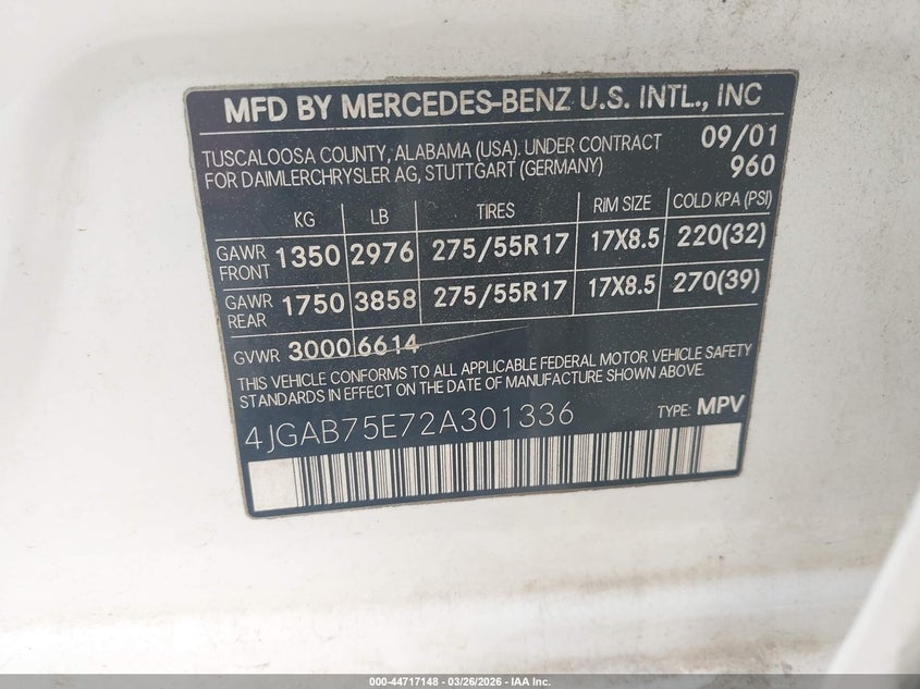 2002 Mercedes-Benz Ml 500 VIN: 4JGAB75E72A301336 Lot: 44717148