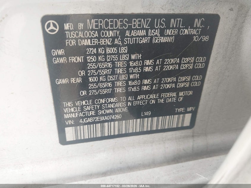 1999 Mercedes-Benz Ml 430 VIN: 4JGAB72E9XA074260 Lot: 44717152