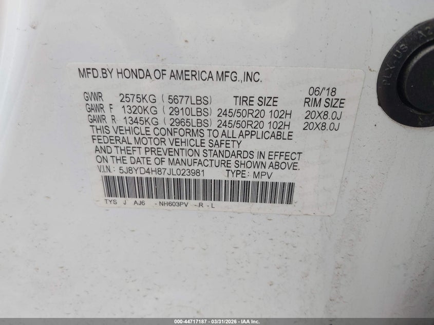 2018 Acura Mdx Advance Package VIN: 5J8YD4H87JL023981 Lot: 44717187