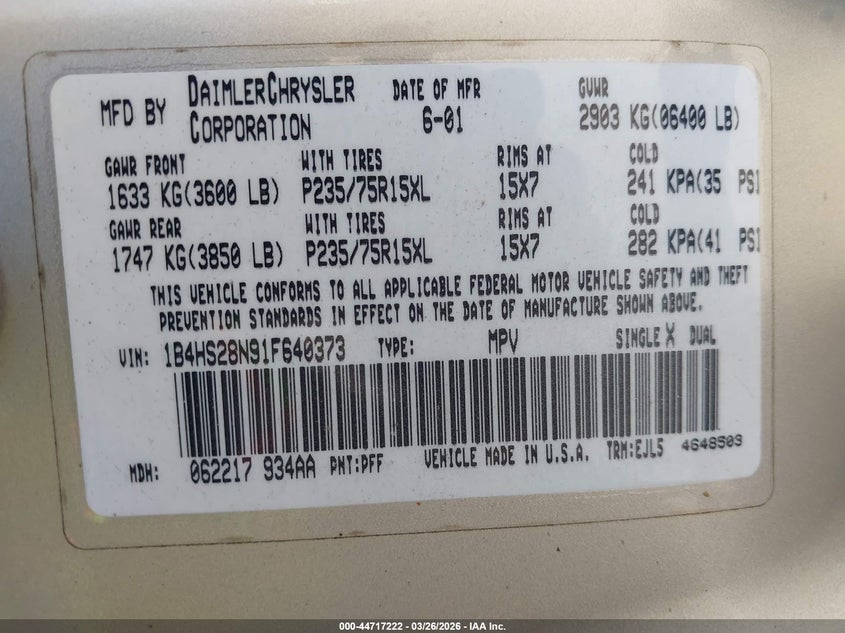 2001 Dodge Durango VIN: 1B4HS28N91F640373 Lot: 44717222