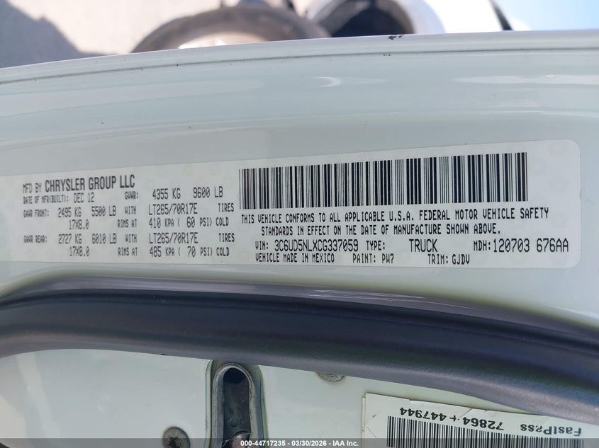 2012 Ram 2500 Laramie VIN: 3C6UD5NLXCG337059 Lot: 44717235