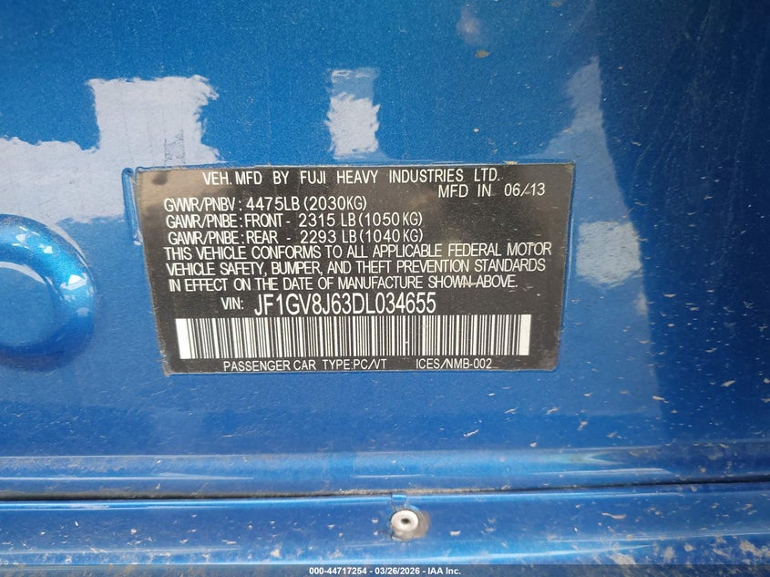 2013 Subaru Impreza Wrx Sti VIN: JF1GV8J63DL034655 Lot: 44717254