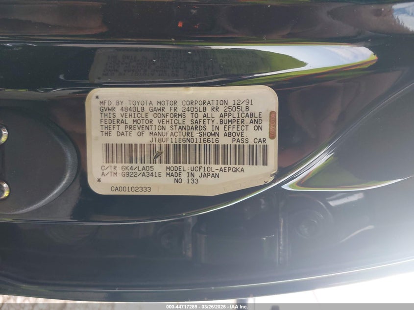 1992 Lexus Ls 400 VIN: JT8UF11E6N0116616 Lot: 44717289