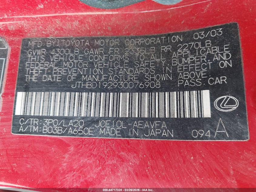 2003 Lexus Is 300 VIN: JTHBD192930076908 Lot: 44717328