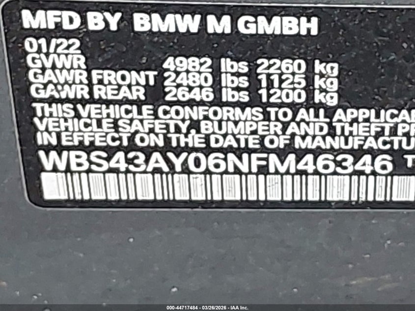 2022 BMW M3 Competition xDrive VIN: WBS43AY06NFM46346 Lot: 44717484