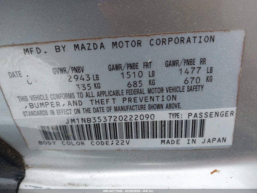 2002 Mazda Mx-5 Miata Cloth/Ls/Se VIN: JM1NB353720222090 Lot: 44717548